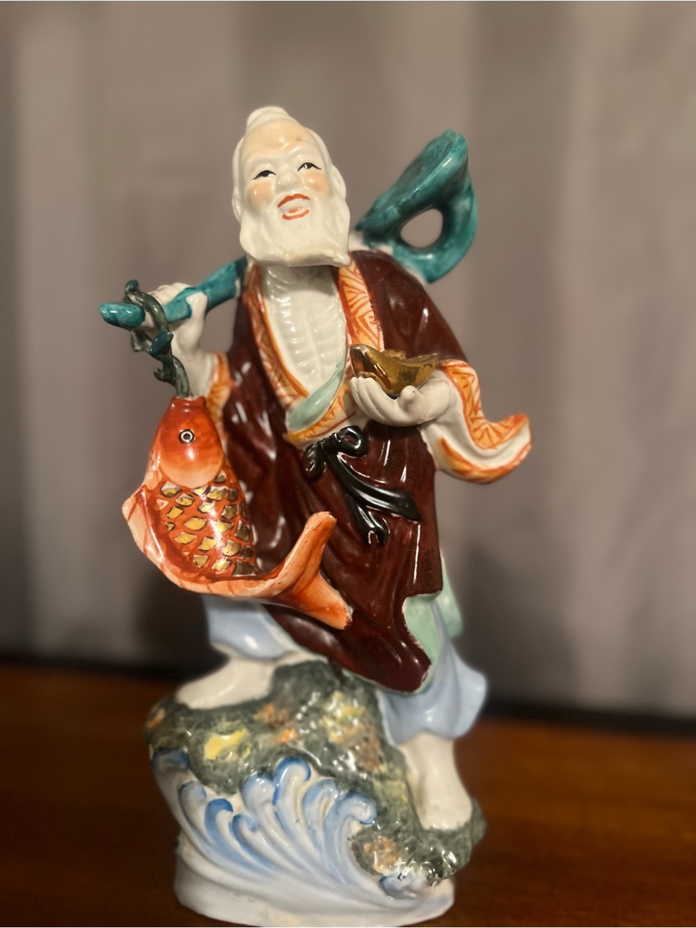 Vintage Multicolor Ceramic Figurine of Chinese fisherman